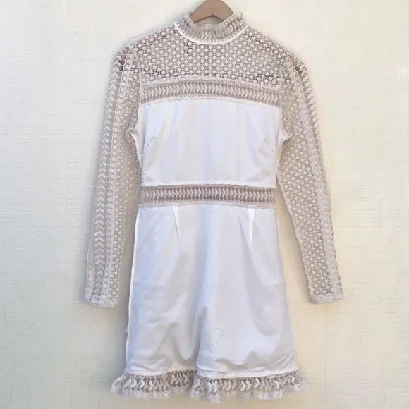 AQUA ivory crochet knit lace sheer long sleeve ruffle tier layered dress - Picture 4 of 16